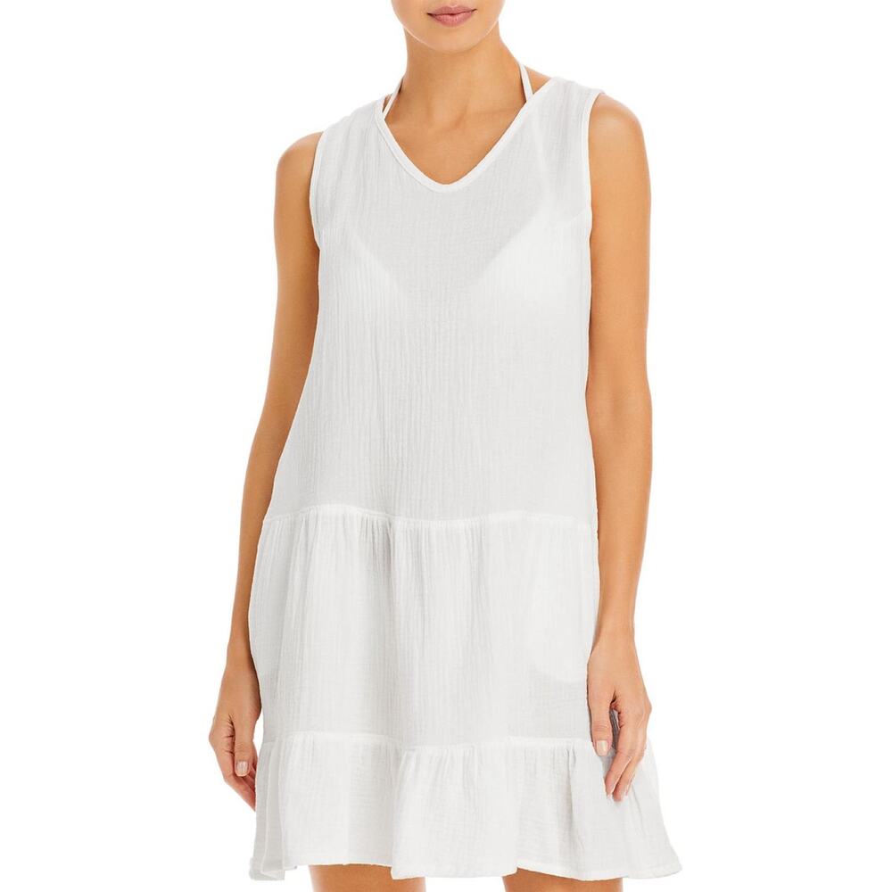 J Valdi White Cotton Gauze Tiered Swimsuit Beach Coverup Tunic Mini Dress Size L